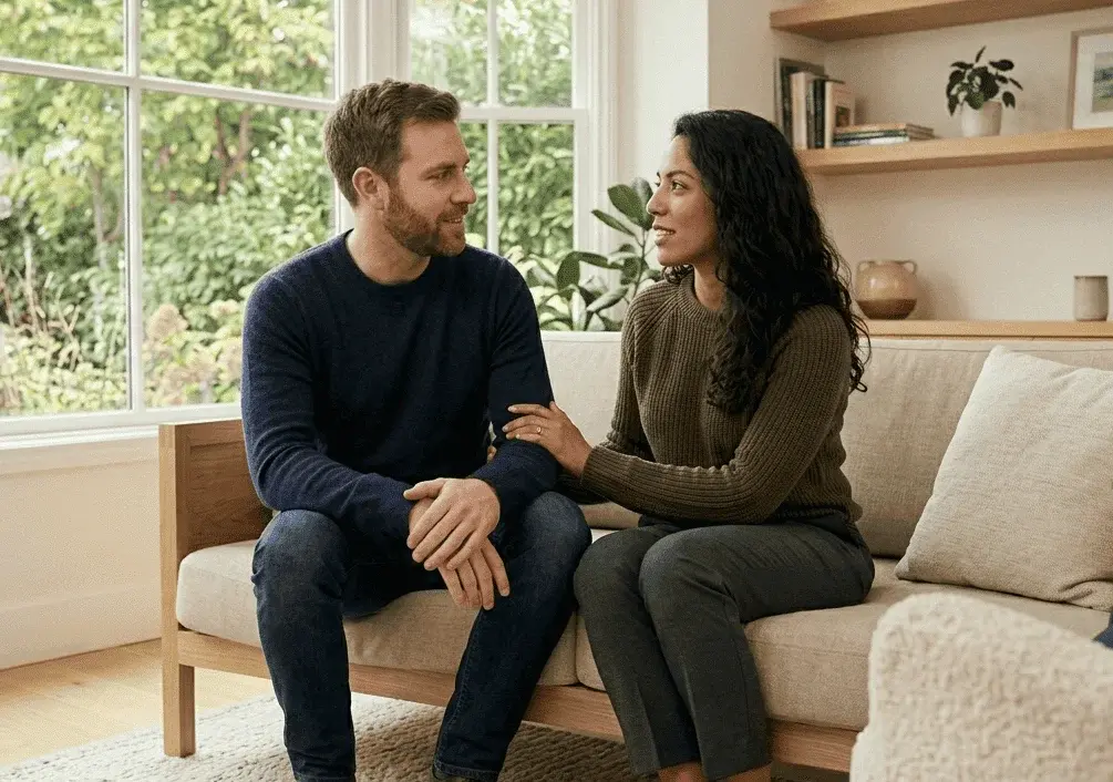 Pareja dialogando para resolver una crisis de relación en un ambiente terapéutico