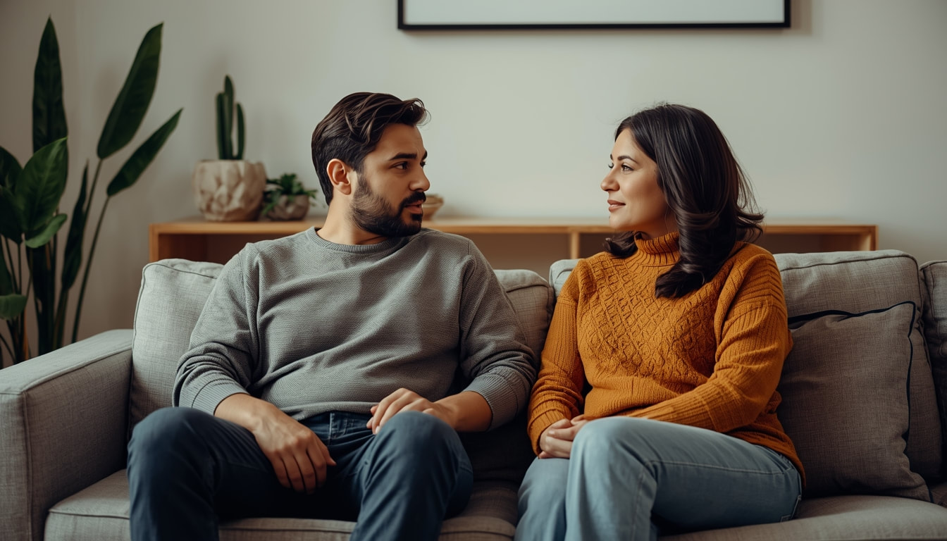 pareja de esposos en una sesion de terapia de pareja comunicandose con tranquillidad